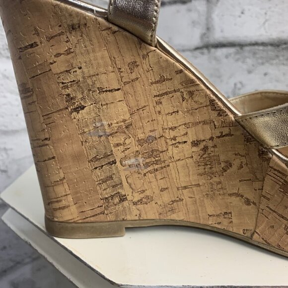 Brash Y2K Strappy Metallic Gold Cork Platform Wedge Open Toe Sandals - Picture 9 of 11